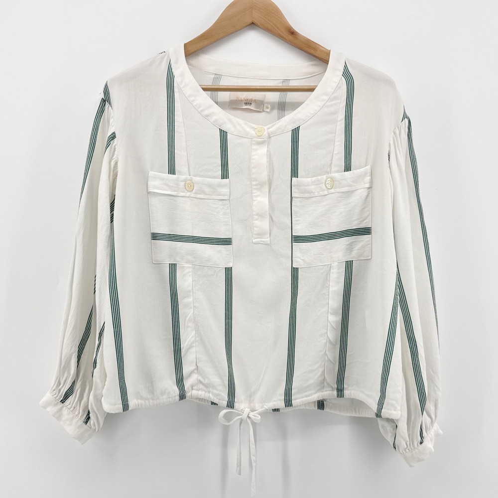 SANCIA The Esme Striped Silk Blend Blouse Green White Drawstring Hem Size‎ M EUC